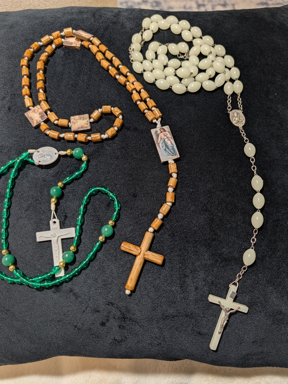 Lot of 3 Christian Rosaries Beaded Necklaces w/ Crucifixes Wood & Plastic